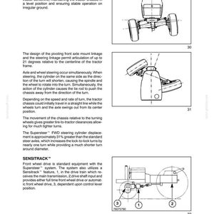 May include: A technical manual page titled SECTION 25 - FWD FRONT AXLE - CHAPTER 1, featuring black and white line drawings of a tractor front axle assembly, steering linkage, and a Sensitrack system diagram with numbered components 1, 2, and 3.