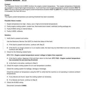 May include: A document detailing electrical system fault codes, specifically for engine coolant temperature issues. The text includes troubleshooting steps, possible causes, and solutions for the DTC F523 pre-warning threshold.