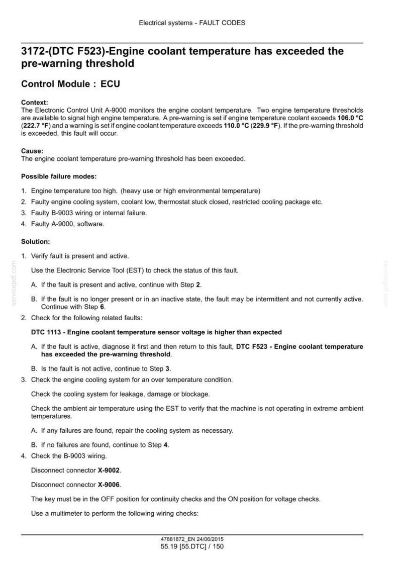 May include: A document detailing electrical system fault codes, specifically for engine coolant temperature issues. The text includes troubleshooting steps, possible causes, and solutions for the DTC F523 pre-warning threshold.