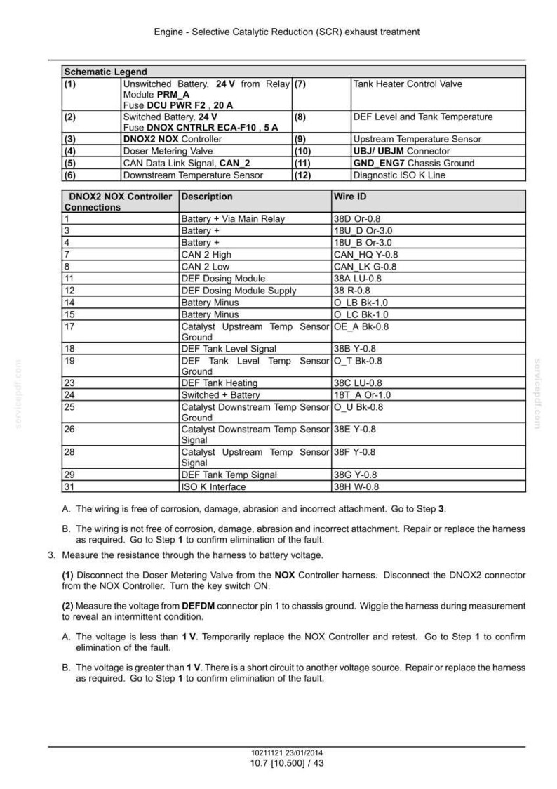 May include: Diagram of an engine's Selective Catalytic Reduction (SCR) exhaust treatment system. Includes a schematic legend, controller connections, and wire identification. Features components like the DNOX2 NOX Controller, DEF Tank Level Signal, and various sensors.