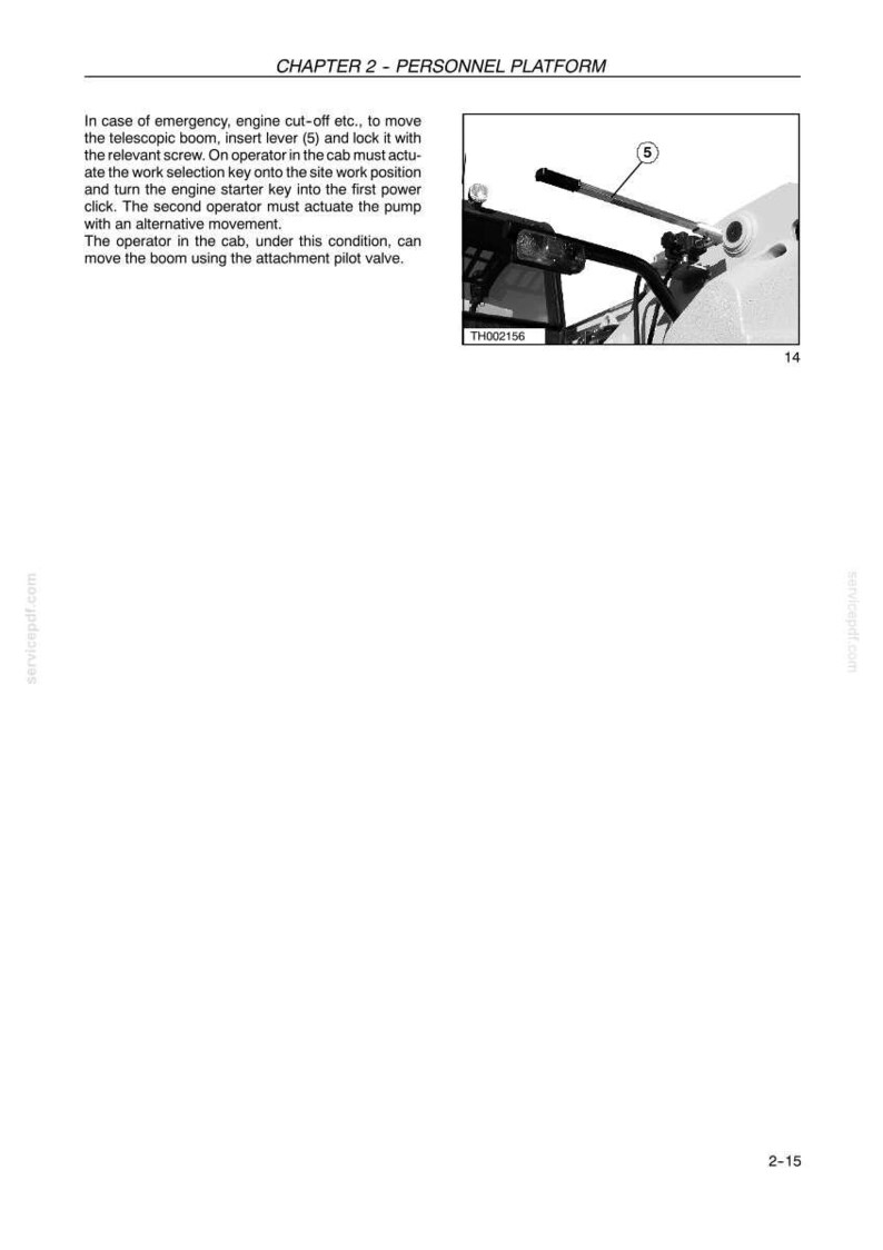 May include: A technical manual page titled CHAPTER 2 - PERSONNEL PLATFORM featuring text instructions and a black and white photograph of a mechanical lever labeled 5, used for operating a telescopic boom during emergency situations.