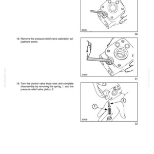 May include: Diagram from a manual showing steps for steering system maintenance. The image includes illustrations of removing parts like plugs, screws, and a spring from a valve body. Text indicates the section is about steering.