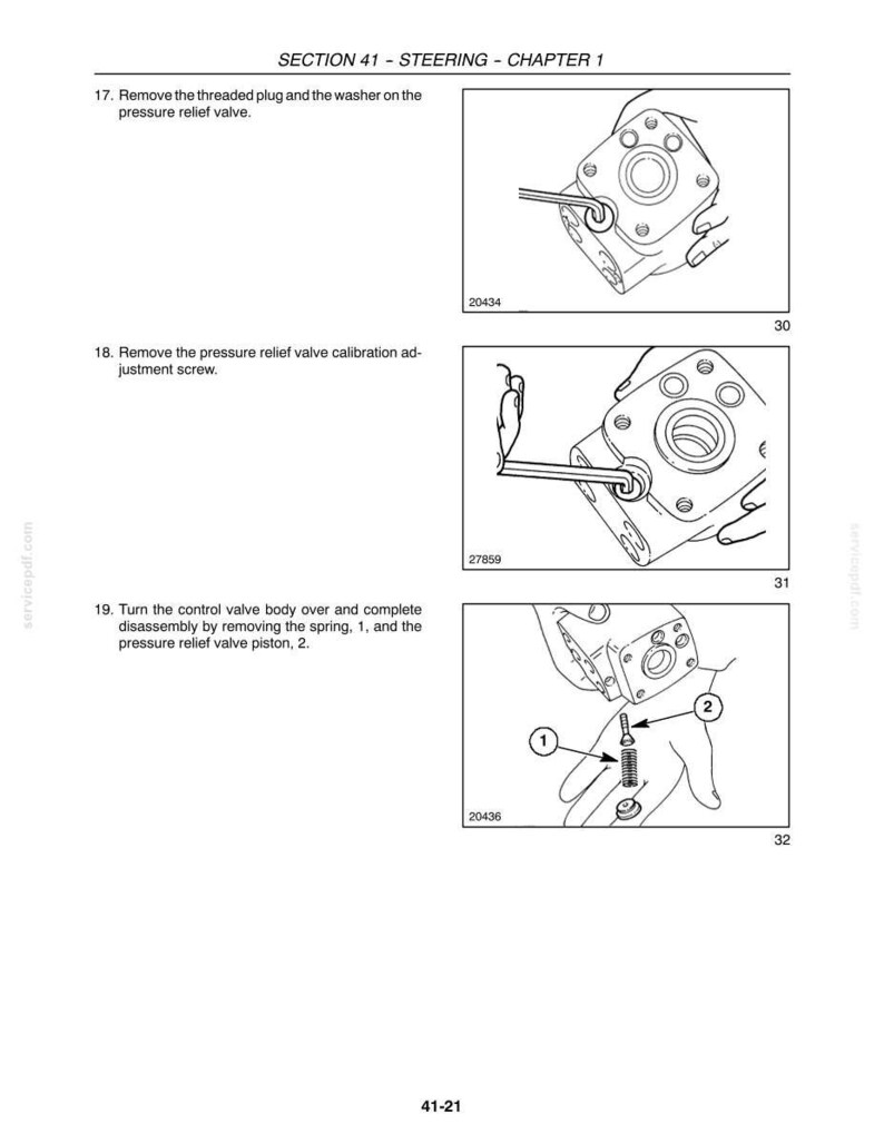 May include: Diagram from a manual showing steps for steering system maintenance. The image includes illustrations of removing parts like plugs, screws, and a spring from a valve body. Text indicates the section is about steering.