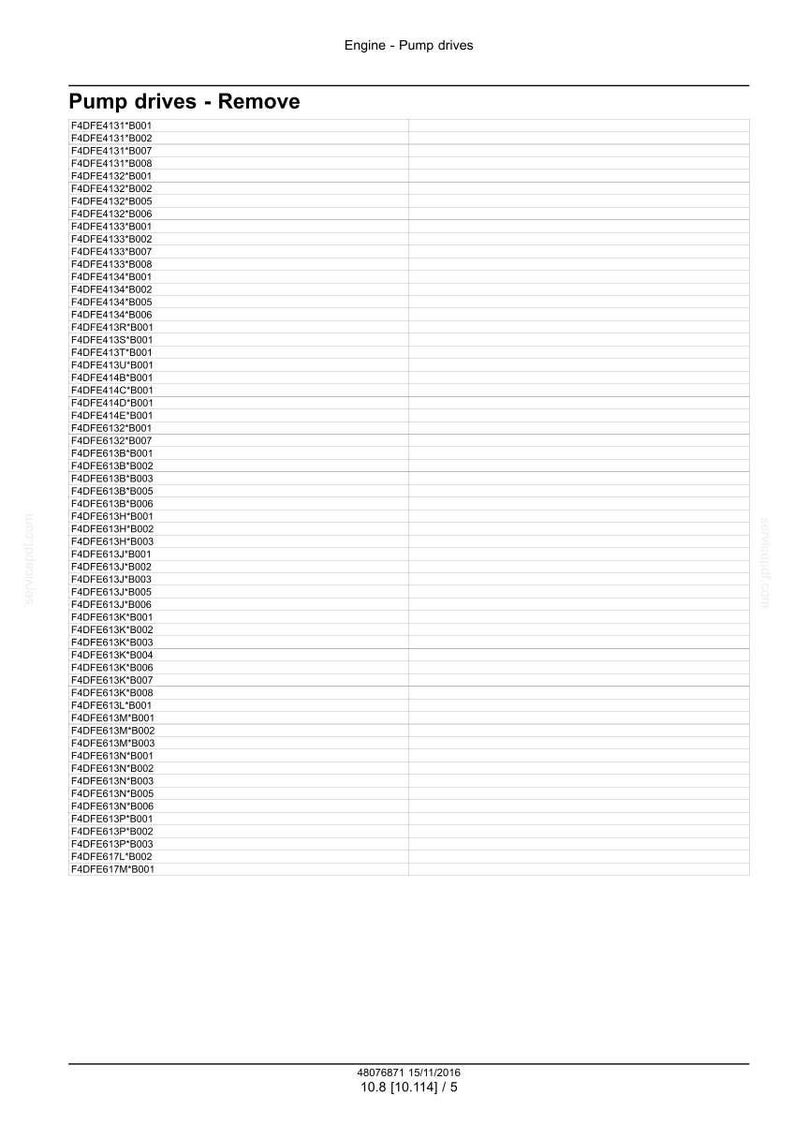 Peut inclure: Document blanc avec le titre "Engine - Pump drives" et une liste de num&eacute;ros de pi&egrave;ces, comme F4DFE4131*B001, sous le titre "Pump drives - Remove". Le document comprend une date et une mesure.