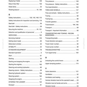 May include: A page from a manual with a table of contents. The text includes terms like "Safety instructions," "Tire pressure," and "Starting the engines." The document appears to be a guide for a machine or vehicle.