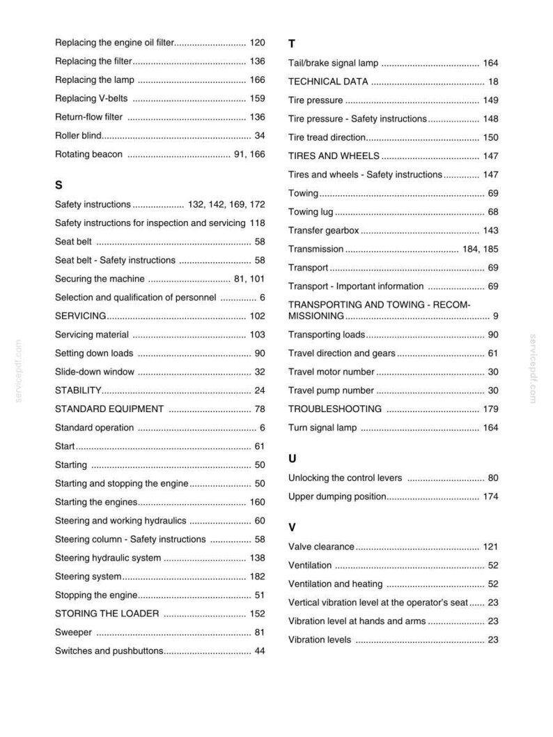 May include: A page from a manual with a table of contents. The text includes terms like "Safety instructions," "Tire pressure," and "Starting the engines." The document appears to be a guide for a machine or vehicle.