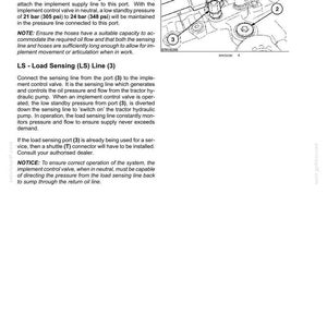 May include: A technical manual page titled 6 - WORKING OPERATIONS, featuring a black and white line drawing of a hydraulic system with numbered components 1, 2, and 3. The text provides instructions for connecting the pressure line and load sensing line.