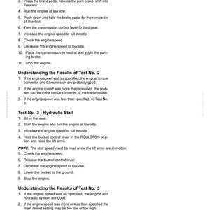 May include: A white document with black text detailing engine tests, including "Torque Converter Stall" and "Hydraulic Stall" procedures. The document includes numbered steps and explanations of results.