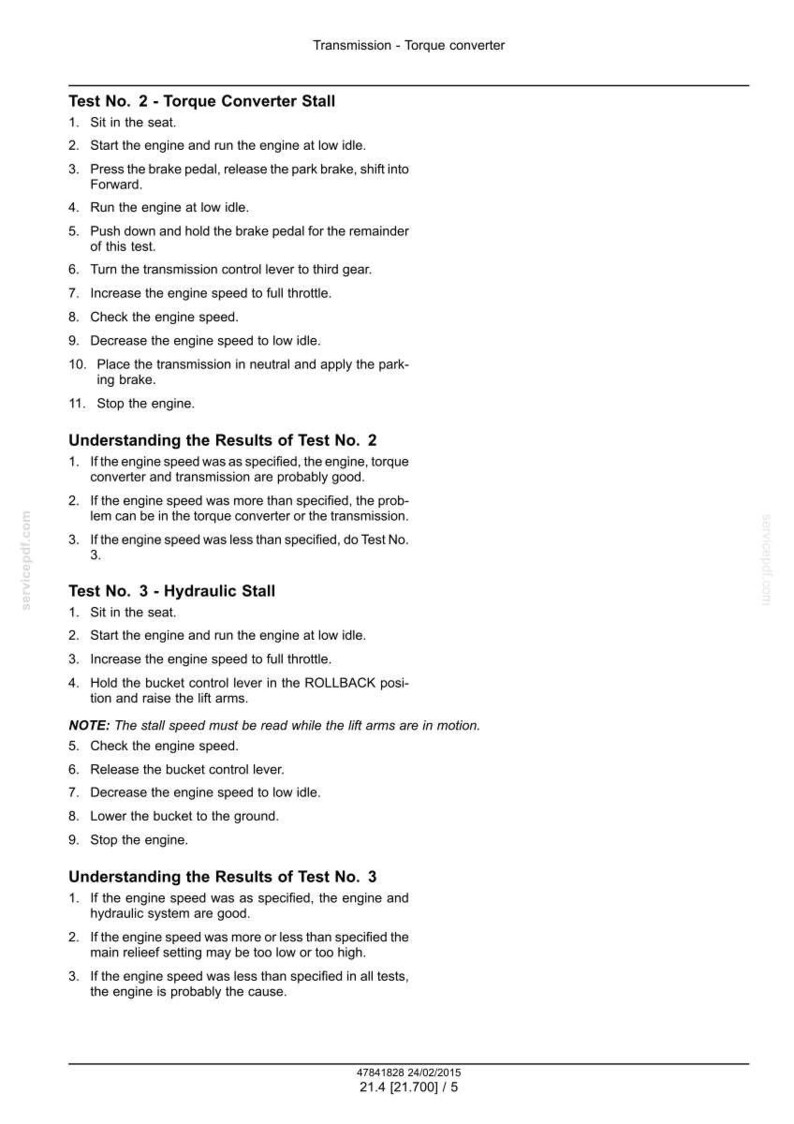 May include: A white document with black text detailing engine tests, including "Torque Converter Stall" and "Hydraulic Stall" procedures. The document includes numbered steps and explanations of results.