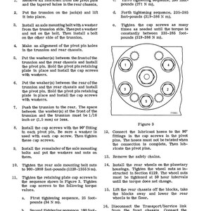 May include: A detailed technical diagram titled "INSTALLING THE REAR AXLE TRUNNION" with numbered steps and a circular diagram labeled "Figure 3" showing bolt tightening sequences. The text provides instructions for automotive repair.