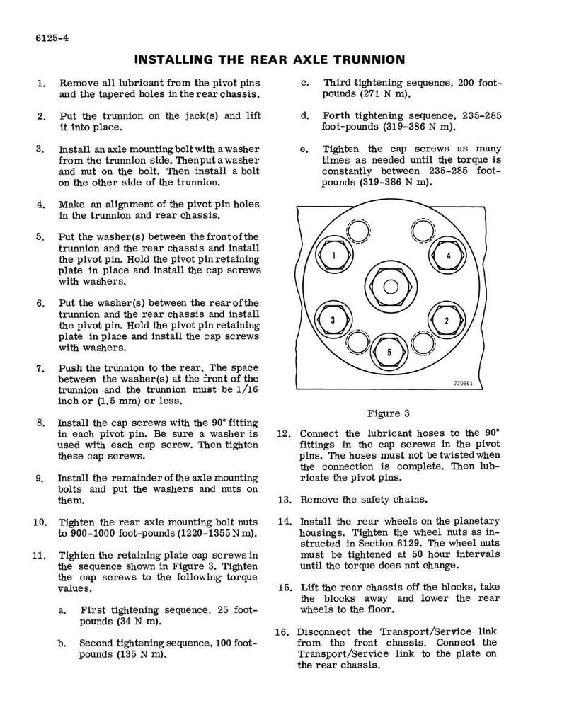 May include: A detailed technical diagram titled "INSTALLING THE REAR AXLE TRUNNION" with numbered steps and a circular diagram labeled "Figure 3" showing bolt tightening sequences. The text provides instructions for automotive repair.