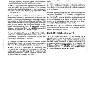 May include: A technical document page titled 7-MAINTENANCE containing black text on a white background. It details guidelines for biodiesel fuel usage, storage requirements, and warranty information for New Holland Construction machinery engines.