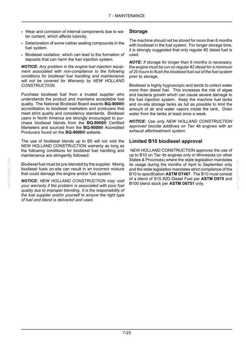 May include: A technical document page titled 7-MAINTENANCE containing black text on a white background. It details guidelines for biodiesel fuel usage, storage requirements, and warranty information for New Holland Construction machinery engines.