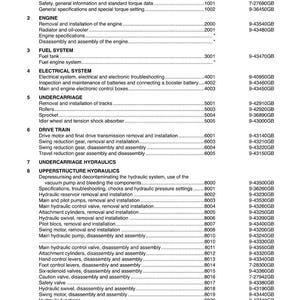 Może przedstawiać: Spis treści z instrukcji obsługi koparek gąsienicowych CX330 i CX350. Dokument wymienia sekcje takie jak Informacje og&oacute;lne, Silnik, Układ paliwowy i Układ elektryczny, z numerami sekcji i odniesień.