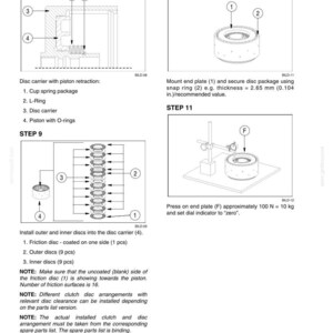 May include: Technical manual page 6003-46 showing steps 8 through 11 for mechanical assembly. Diagrams illustrate a disc carrier, piston, cup spring package, L-ring, friction discs, and end plate installation with a dial indicator measurement.