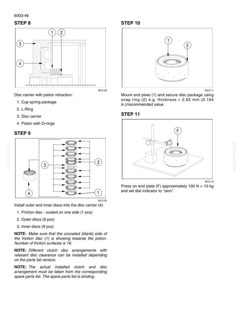 May include: Technical manual page 6003-46 showing steps 8 through 11 for mechanical assembly. Diagrams illustrate a disc carrier, piston, cup spring package, L-ring, friction discs, and end plate installation with a dial indicator measurement.