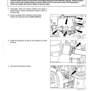 May include: Diagram illustrating the installation of a transmission control valve. The image includes detailed instructions, diagrams, and warnings about heavy objects and potential injury. It shows steps for cleaning surfaces, installing the valve, and connecting hydraulic oil pipes.
