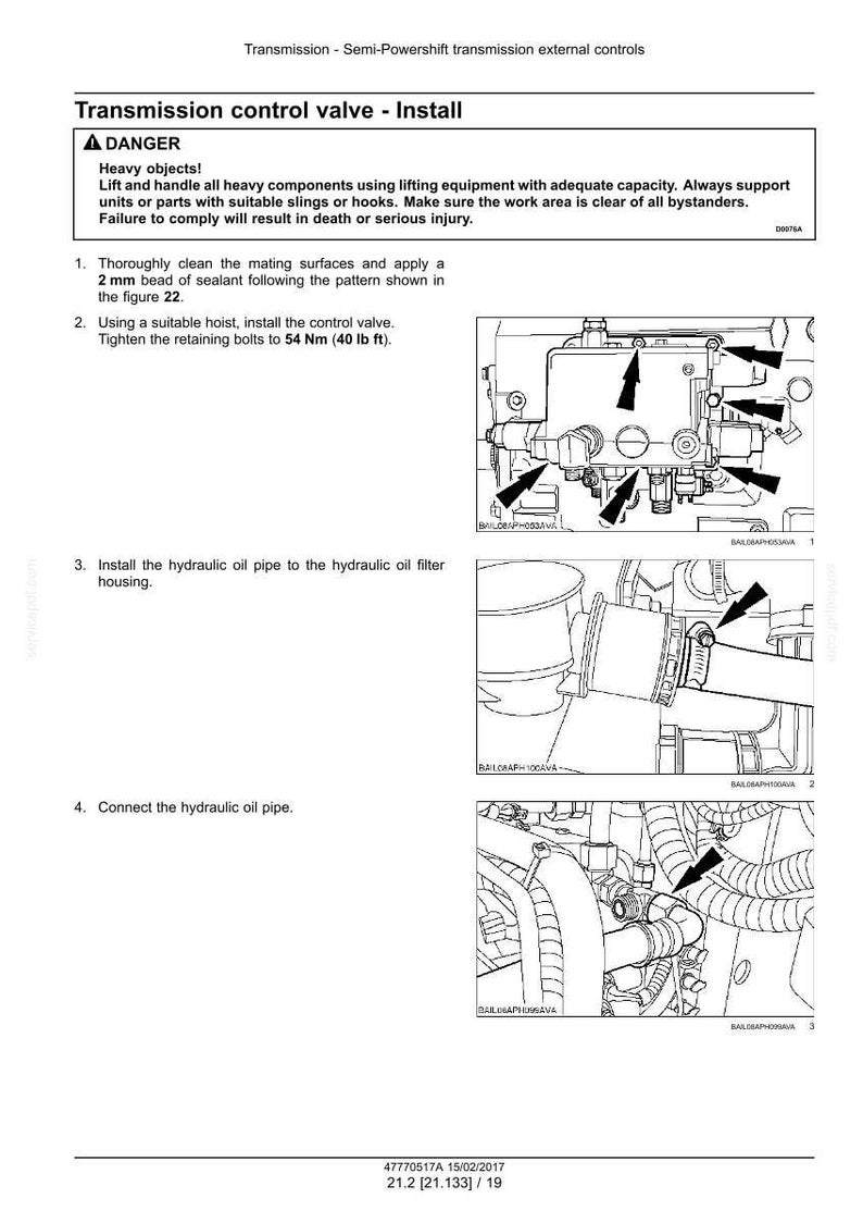 May include: Diagram illustrating the installation of a transmission control valve. The image includes detailed instructions, diagrams, and warnings about heavy objects and potential injury. It shows steps for cleaning surfaces, installing the valve, and connecting hydraulic oil pipes.