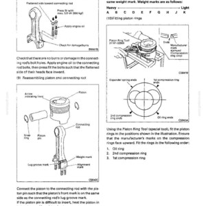 May include: A technical service manual page titled 11A ENGINE 6D2 SERVICE PROCEDURES. It features black and white line drawings showing the installation of connecting rod bolts, piston rings, and the assembly of a piston and connecting rod.