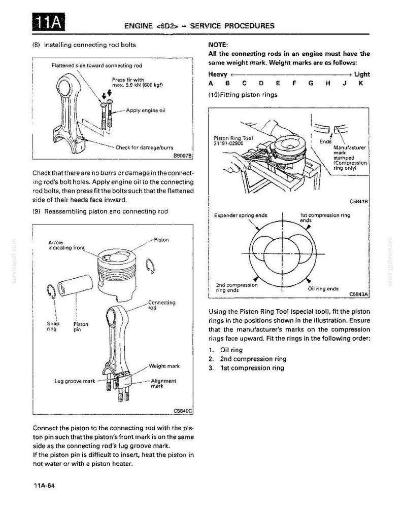 May include: A technical service manual page titled 11A ENGINE 6D2 SERVICE PROCEDURES. It features black and white line drawings showing the installation of connecting rod bolts, piston rings, and the assembly of a piston and connecting rod.