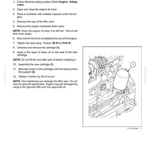 May include: Page from a maintenance manual detailing engine oil and oil filter change instructions. The image includes a diagram of an engine with labeled parts and step-by-step procedures for the task.