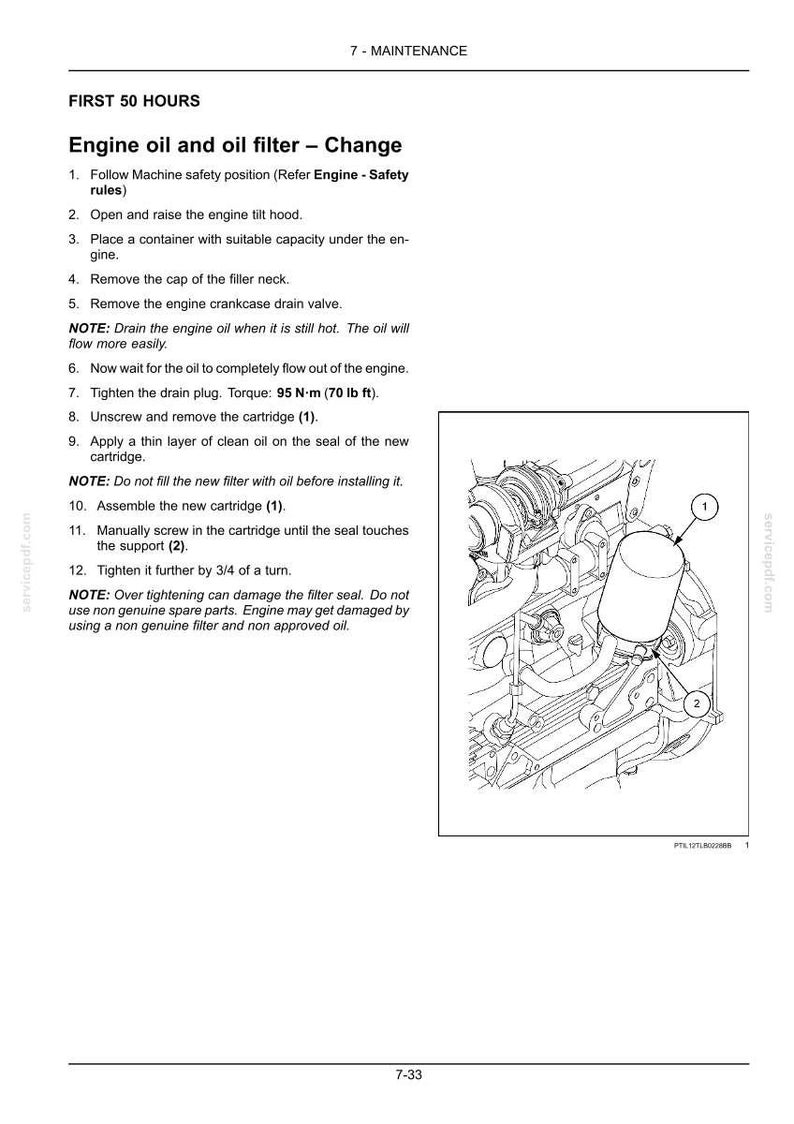 May include: Page from a maintenance manual detailing engine oil and oil filter change instructions. The image includes a diagram of an engine with labeled parts and step-by-step procedures for the task.