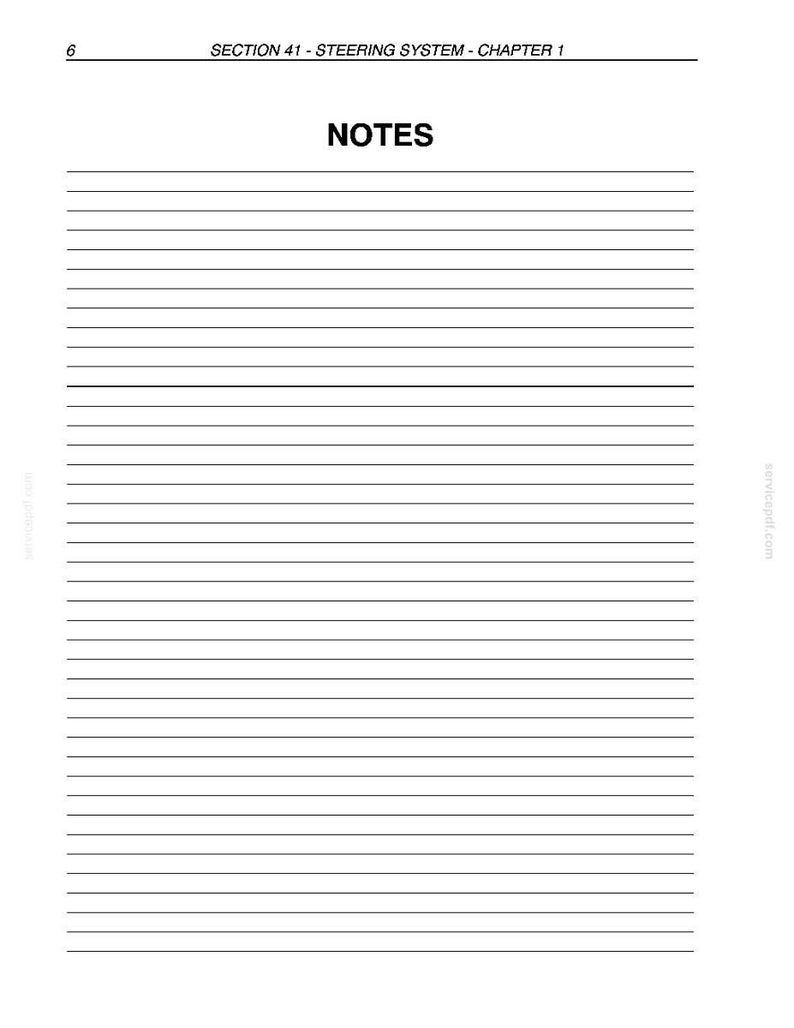 May include: A white page with horizontal black lines for writing notes. The top of the page has the text "SECTION 41 - STEERING SYSTEM - CHAPTER 1" and the centered word "NOTES". The page is from a manual.