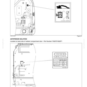 May include: A technical manual page titled Chapter 2 - Safety, Decals, and Hand Signals. It displays two diagrams, Figure 21 for Hydraulic Oil Check Position Part Number YY20T01373P1 and Figure 22 for Antifreeze Solution Part Number YN20T01832P1.