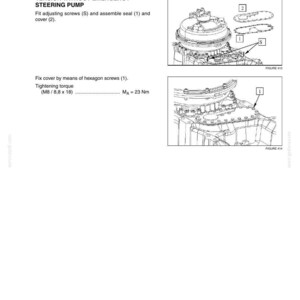 May include: Technical diagram of an emergency steering pump, featuring detailed illustrations of components and assembly instructions. The diagram includes labels for screws, seals, and covers, with tightening torque specifications. The text reads "Emergency Steering Pump" and "VERSION WITHOUT EMERGENCY STEERING PUMP."