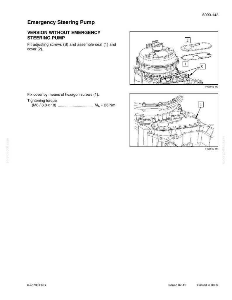 May include: Technical diagram of an emergency steering pump, featuring detailed illustrations of components and assembly instructions. The diagram includes labels for screws, seals, and covers, with tightening torque specifications. The text reads "Emergency Steering Pump" and "VERSION WITHOUT EMERGENCY STEERING PUMP."