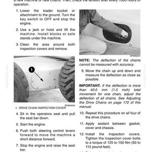 May include: A page from a maintenance manual detailing drive chain tension checks. The text includes instructions on lowering the loader bucket, lifting the machine, and checking chain deflection. The image shows a close-up of a machine's wheel and inspection cover.