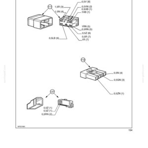 May include: Technical diagram of electrical connectors, featuring multiple views of various connector types. Each connector is labeled with alphanumeric designations, including 0.5V, 0.5R, and 1.5N, along with numerical references. The diagram is in black and white.