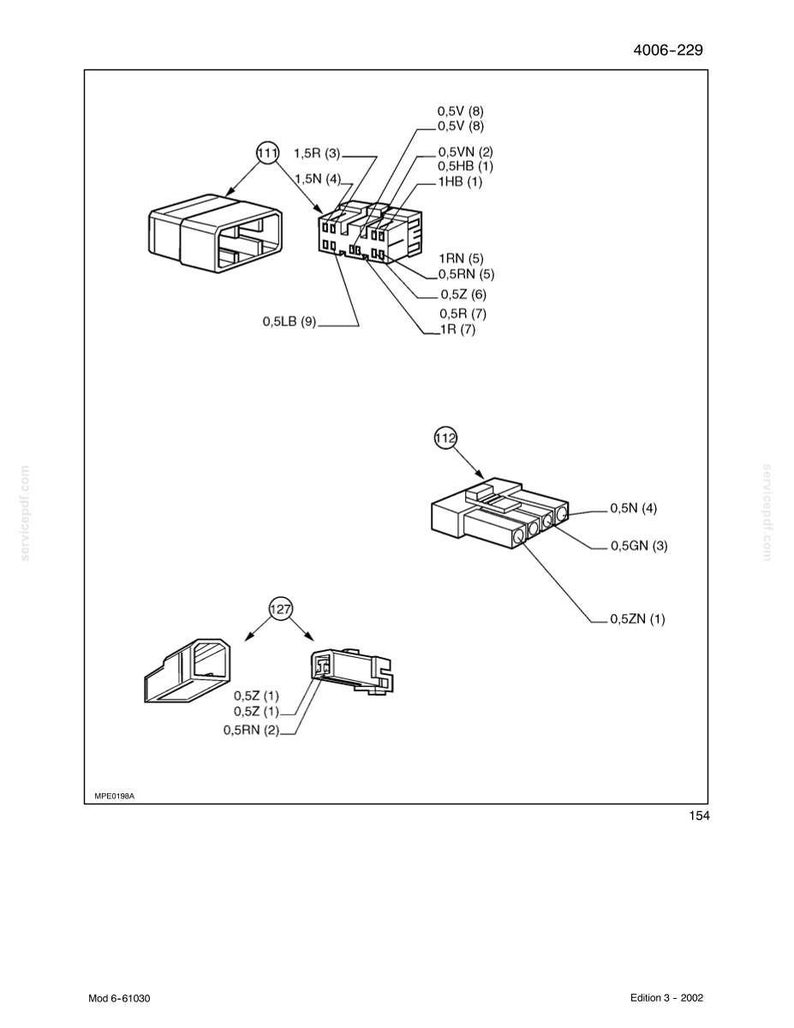 May include: Technical diagram of electrical connectors, featuring multiple views of various connector types. Each connector is labeled with alphanumeric designations, including 0.5V, 0.5R, and 1.5N, along with numerical references. The diagram is in black and white.