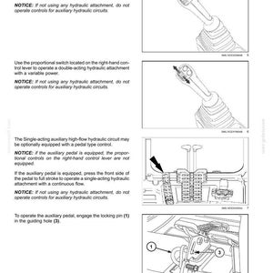 Puede incluir: Diagrama de los controles de funcionamiento de un accesorio hidr&aacute;ulico, que incluye el bot&oacute;n de ENCENDIDO/APAGADO (1), el interruptor proporcional y el pedal auxiliar. La imagen incluye texto y etiquetas numeradas.