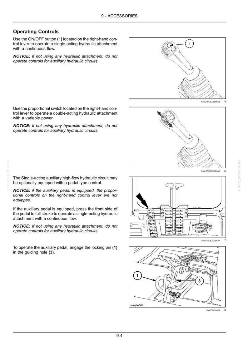 Puede incluir: Diagrama de los controles de funcionamiento de un accesorio hidr&aacute;ulico, que incluye el bot&oacute;n de ENCENDIDO/APAGADO (1), el interruptor proporcional y el pedal auxiliar. La imagen incluye texto y etiquetas numeradas.