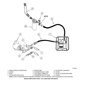 May include: Diagram of a brake pump system with labeled components. Includes a filter, flowmeter, hoses, and fittings. Text indicates the system's function and testing procedures. Black and white technical illustration.