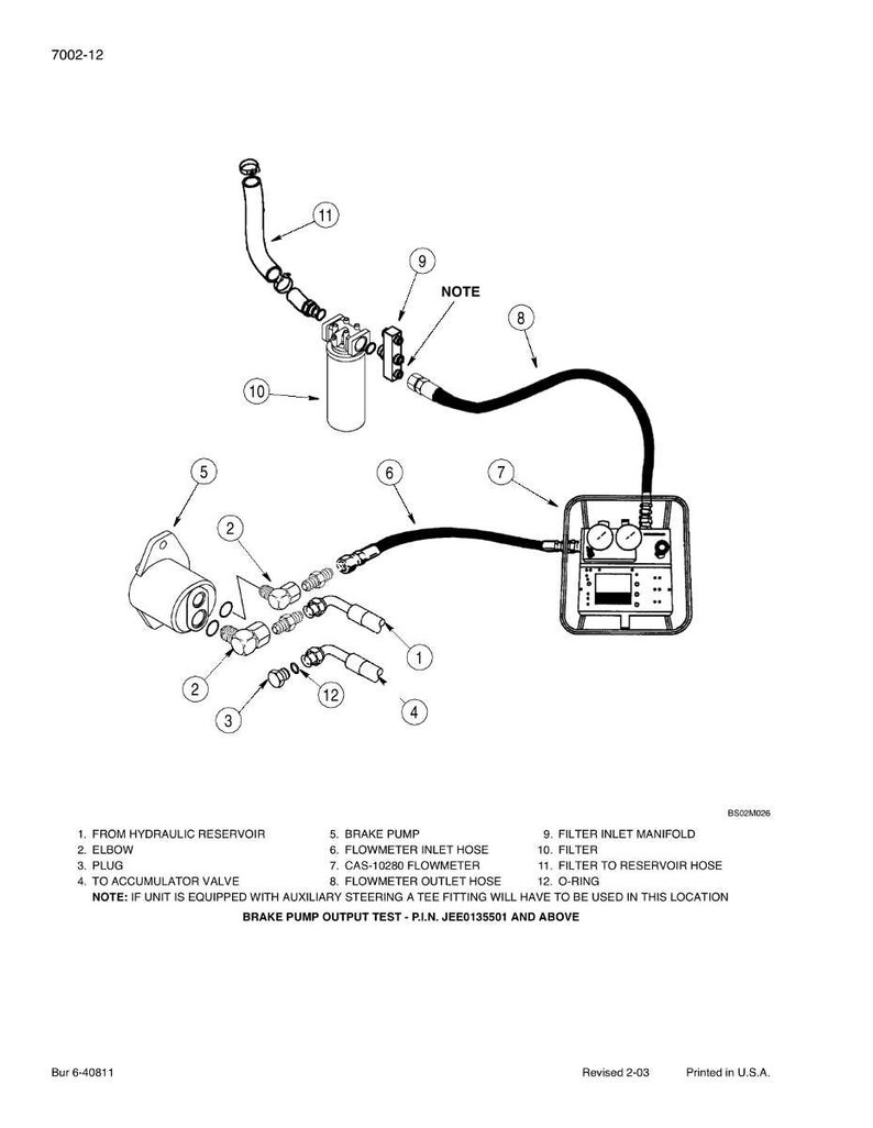 May include: Diagram of a brake pump system with labeled components. Includes a filter, flowmeter, hoses, and fittings. Text indicates the system's function and testing procedures. Black and white technical illustration.