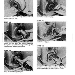 May include: A grayscale diagram with step-by-step instructions for mechanical assembly. The image includes text such as "Install a new lock nut" and "Drive the shaft through the gear." Measurements are provided in lb ft and Nm.