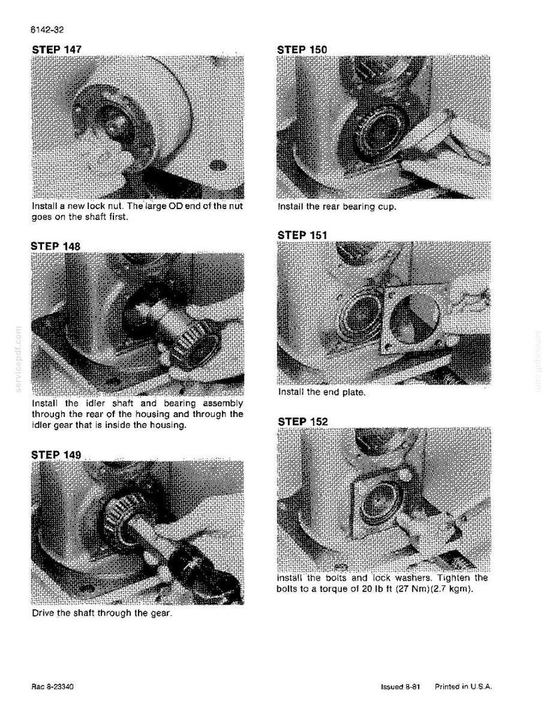 May include: A grayscale diagram with step-by-step instructions for mechanical assembly. The image includes text such as "Install a new lock nut" and "Drive the shaft through the gear." Measurements are provided in lb ft and Nm.
