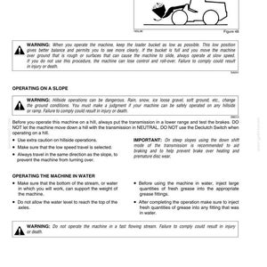 May include: Page from an operating instructions manual. Text includes warnings about operating machinery on slopes and in water. A diagram of a loader bucket is shown. The bucket should be no more than 18 inches off the surface.