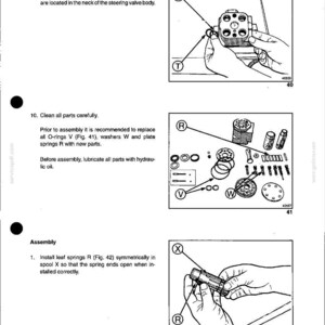 May include: Diagram from a manual showing hydraulic system components. Includes illustrations of parts like O-rings, washers, and springs. Text includes instructions for assembly and maintenance, with labels and arrows pointing to specific parts.