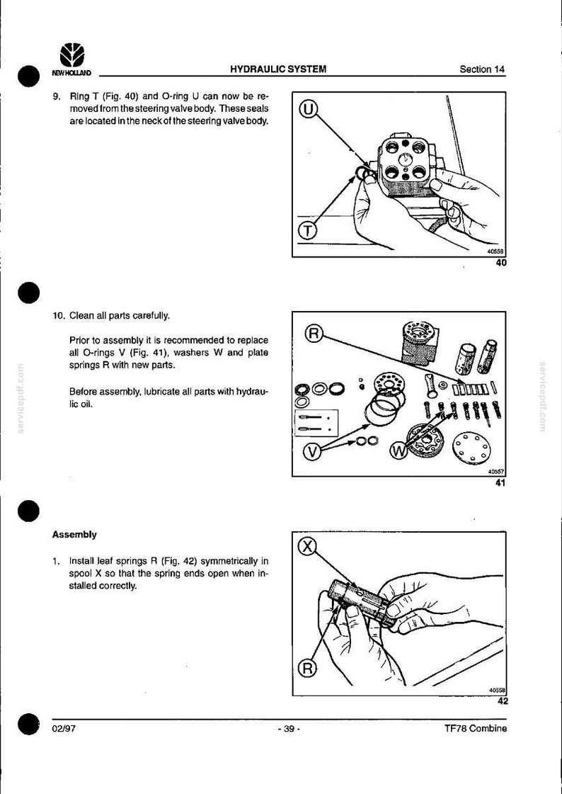 May include: Diagram from a manual showing hydraulic system components. Includes illustrations of parts like O-rings, washers, and springs. Text includes instructions for assembly and maintenance, with labels and arrows pointing to specific parts.