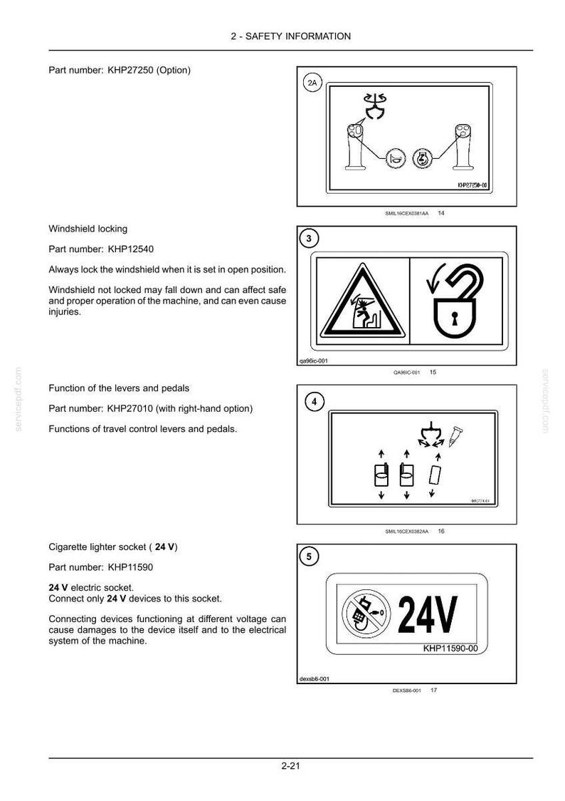 K&ouml;nnte beinhalten: Eine technische Dokumentationsseite mit dem Titel 2-SAFETY INFORMATION, die vier beschriftete Diagramme enth&auml;lt. Diese Abbildungen zeigen Verfahren zur Windschutzscheibenverriegelung, Hebel- und Pedalfunktionen sowie eine Warnung f&uuml;r eine 24V-Zigarettenanz&uuml;nderbuchse.