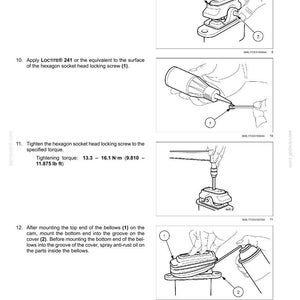 May include: Diagram illustrating steps for hydraulic foot control assembly. Includes images of parts labeled 1 and 2, with instructions for inserting, applying Loctite, tightening screws, and mounting bellows. Text includes torque specifications.