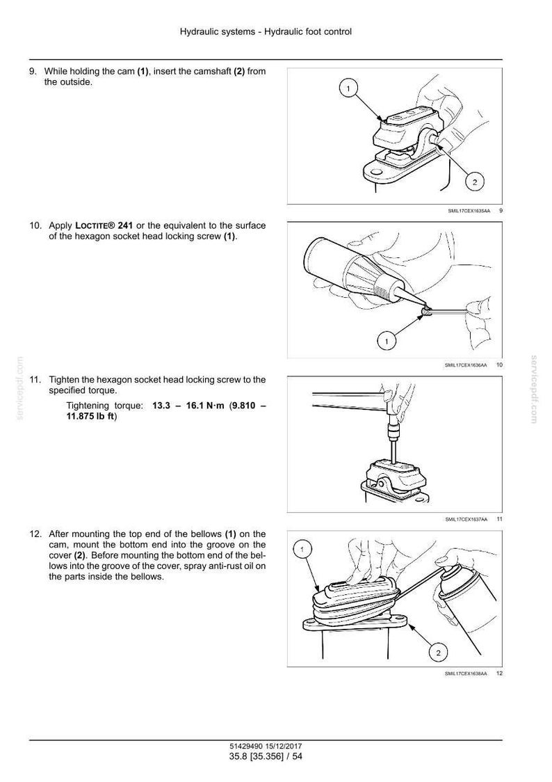 May include: Diagram illustrating steps for hydraulic foot control assembly. Includes images of parts labeled 1 and 2, with instructions for inserting, applying Loctite, tightening screws, and mounting bellows. Text includes torque specifications.