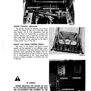 May include: A technical manual page featuring three black and white diagrams labeled Figure 35, 36, and 37. The text provides instructions for adjusting the bucket position indicator, bucket control pedals, and boom control pedals on a loader.