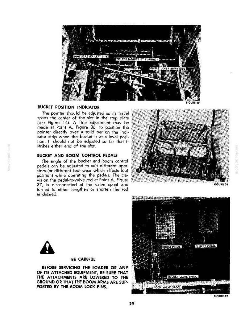 May include: A technical manual page featuring three black and white diagrams labeled Figure 35, 36, and 37. The text provides instructions for adjusting the bucket position indicator, bucket control pedals, and boom control pedals on a loader.