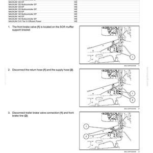 May include: Diagram illustrating the removal of a front brake valve. The image shows detailed steps with numbered instructions and diagrams of the brake system components, including hoses and connections. Text labels identify parts.