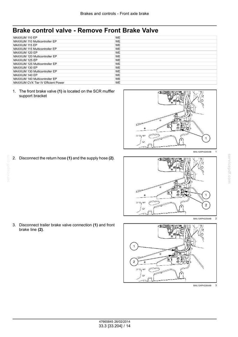 May include: Diagram illustrating the removal of a front brake valve. The image shows detailed steps with numbered instructions and diagrams of the brake system components, including hoses and connections. Text labels identify parts.