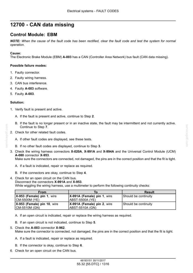 May include: A document detailing fault codes for an electrical system, specifically addressing CAN data missing (12700). Includes troubleshooting steps, connector checks, and wiring diagrams for automotive repair.